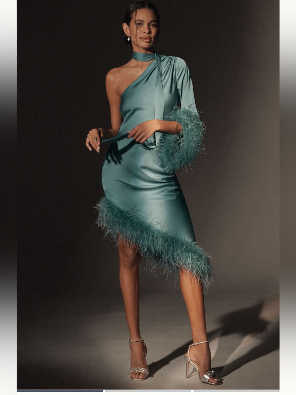 Hutch asymmetric One-Shoulder faux Feather scarf dress